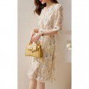 Fragmented Tea Break Skirt Women's Summer Casual Round Neck Mid length Dress Chiffon Printed A-line Dress