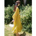 Chinese style solid color dress New Chinese style retro buckle V-neck loose and improved long cheongsam skirt