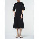 Summer New Round Neck Short Sleeve Dress Over Knee Slim Fit Temperament Wrapped Waist Lace up Large Fold Long Dress