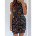 Spring/Summer New Fashion Hanging Neck Sexy Crystal Tassel Wrap Hip Sequins European and American Dress Mid Waist Evening Dress