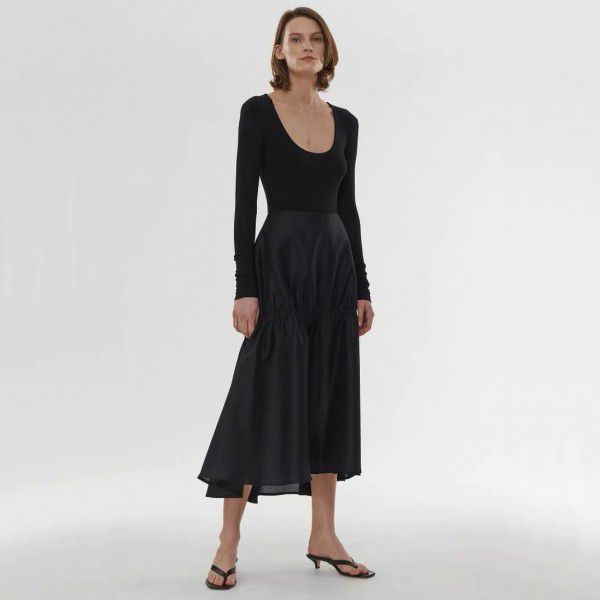 Women's long skirt, summer splicing, solid color, fashionable and easy to match with hollowed out long skirt in the air