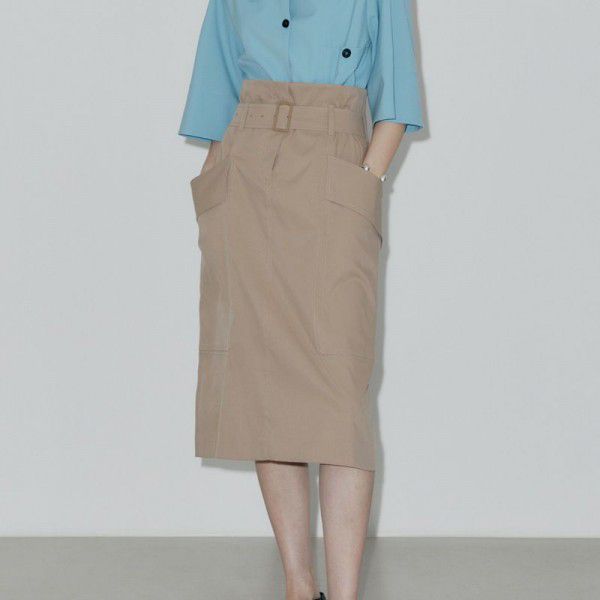 Commuter Double Pocket High Waist Belt Mid length Cotton Half Skirt A-line Skirt