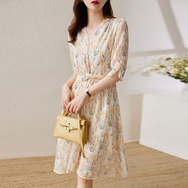 Fragmented Tea Break Skirt Women's Summer Casual Round Neck Mid length Dress Chiffon Printed A-line Dress
