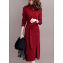 Knitted dress, New Year's gift, bright red new style sweater, medium length, high neck, waistband, slimming bottom sweater