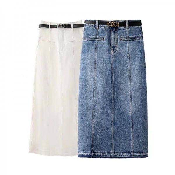 Summer women's versatile mid length high waisted denim skirt for women