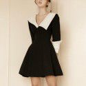 Spring/Summer New French Light Luxury Hepburn Style Small Dress Dress with Black and White Contrast V-Neck Slim Long Sleeve Dress