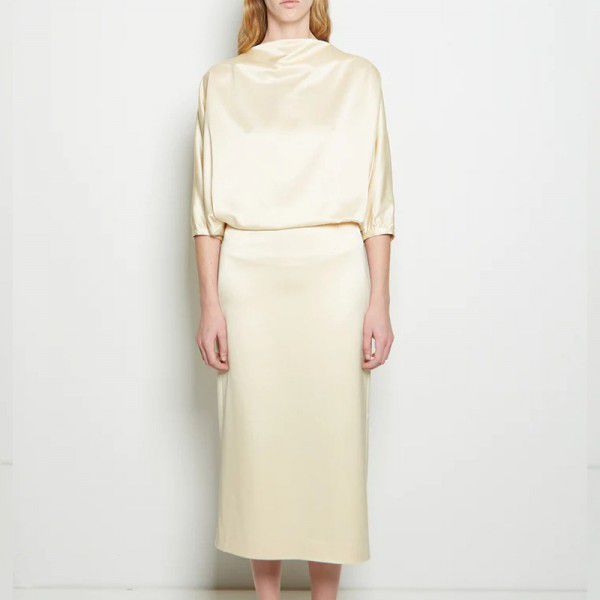 Nordic minimalist style spring new product retro temperament draped satin pullover top high waisted mid length dress