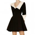 Spring/Summer New French Light Luxury Hepburn Style Small Dress Dress with Black and White Contrast V-Neck Slim Long Sleeve Dress