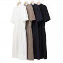 Summer New Round Neck Short Sleeve Dress Over Knee Slim Fit Temperament Wrapped Waist Lace up Large Fold Long Dress