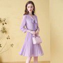 Fashionable Bubble Sleeves Chiffon Dress for Women's Spring New Style Temperament: Slim Waist, Reduced Age, 100 Pleated Mid length Dress