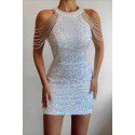 Spring/Summer New Fashion Hanging Neck Sexy Crystal Tassel Wrap Hip Sequins European and American Dress Mid Waist Evening Dress