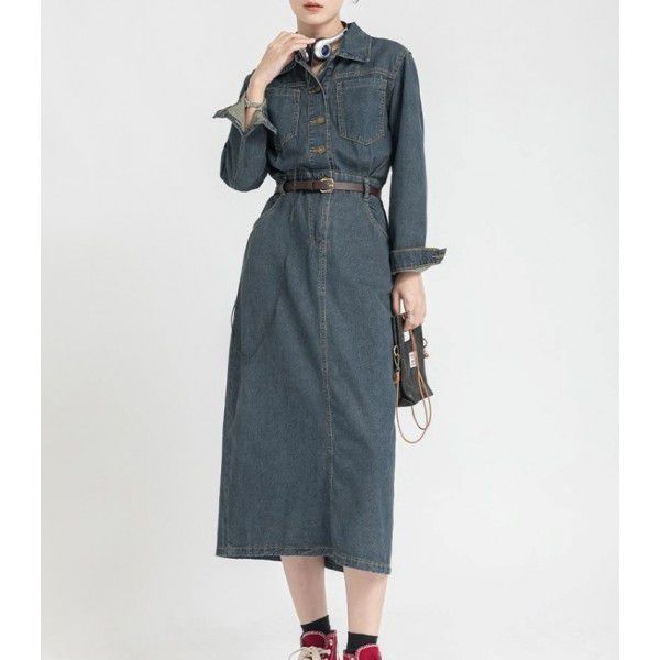 Waist tightening and slimming denim dress autumn women's new French retro texture skirt