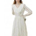 Fan Silan En Kikyo French Dress Women's Long Sleeve V-Neck Gentle Style Lace Splice Skirt Small, Fresh, and Sweet