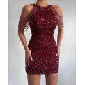 Spring/Summer New Fashion Hanging Neck Sexy Crystal Tassel Wrap Hip Sequins European and American Dress Mid Waist Evening Dress