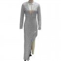 Tassel beads with waistband deep V long sleeved side slit sexy asymmetric dress for women