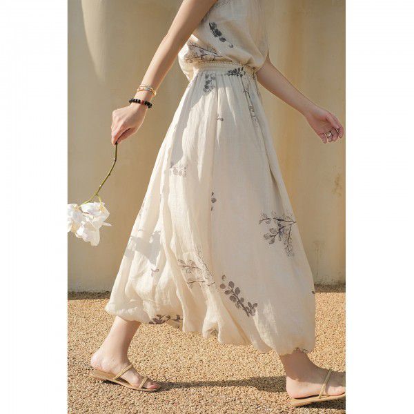 Xia Xin Pin Twill Ramie Fresh Print Flower Bud Style Retro Double Layer Slim and Refreshing Half Skirt