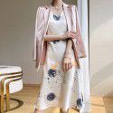 Triacetic acid satin suspender dress for women's French silk A-line texture printed high waisted summer wear 