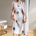 Triacetic acid satin suspender dress for women's French silk A-line texture printed high waisted summer wear 