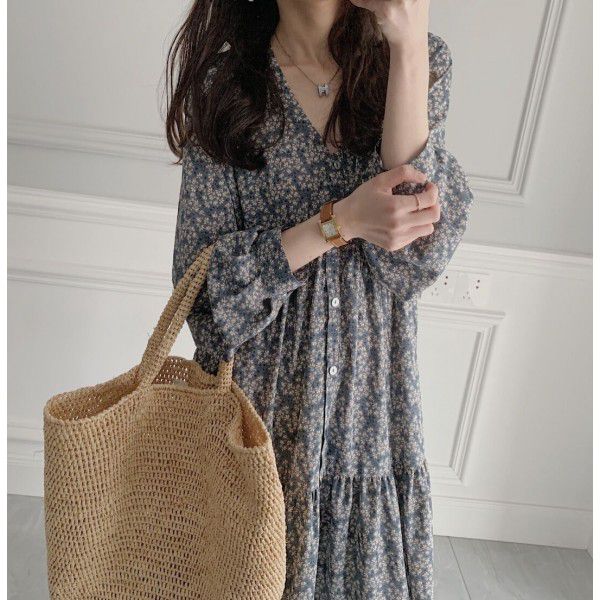 Spring New French Kikyo Fragmented Flower Long Sleeve Hepburn Wind Lotus Leaf Edge Long Dress