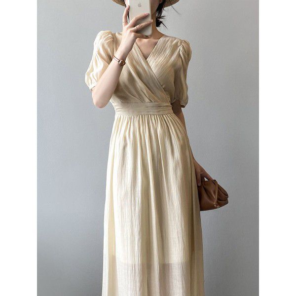 French V-neck Dress Women's Summer New Sweet and Fairy Bubble Sleeves Mid length Skirt