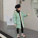 Children's medium and long down cotton jacket, hooded girls' winter coat, thickened solid color Korean cotton jacket, warm coat 