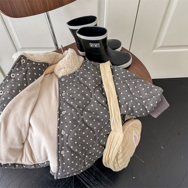 Children's cotton jacket, winter style, children's polka dot cotton jacket, girl's quilted plush jacket, plush collar, medium length cotton jacket 