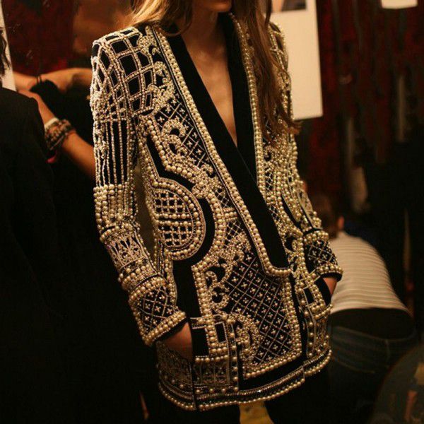 French Vintage Beaded Print Women's Autumn Fashion V-neck Long Sleeve Thickened Mid Length Suit Coat 