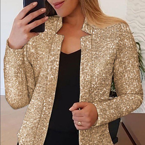 Women's gold sequin color matching short fashion casual women's coat 