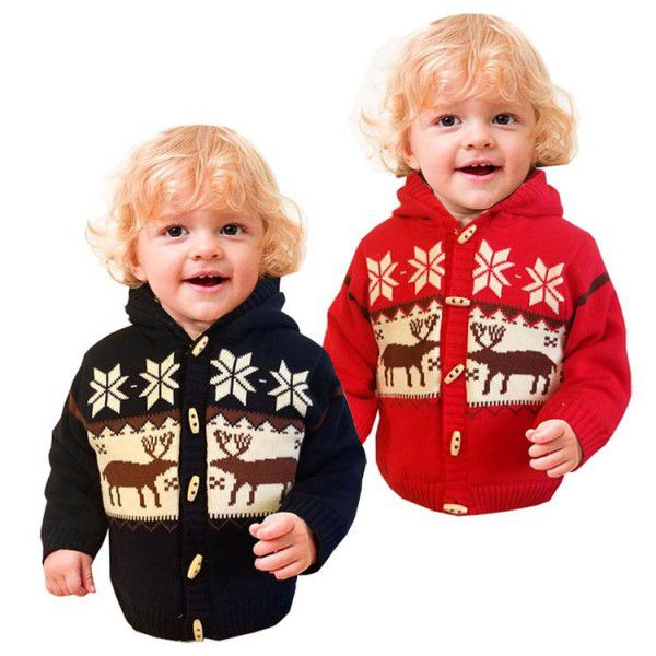 Autumn and Winter New Christmas Elk Hooded Plush Children's Sweater Coat Children's Sweater