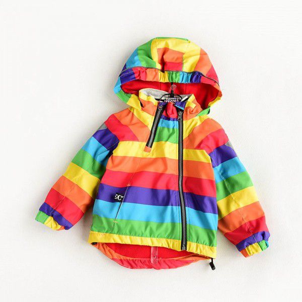 Boys and girls' rainbow fleece windbreaker, children's waterproof jacket, hooded charging jacket, spring and autumn