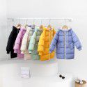 Children's medium and long down cotton jacket, hooded girls' winter coat, thickened solid color Korean cotton jacket, warm coat 