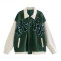 Autumn American fashion lapel jacket loose casual coat green patchwork flocked embroidered baseball jacket 