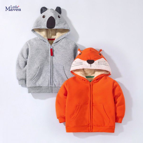 Children's coat Winter European and American bear zippered shirt with plush and thick hooded boy's coat 