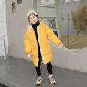 Children's medium and long down cotton jacket, hooded girls' winter coat, thickened solid color Korean cotton jacket, warm coat 