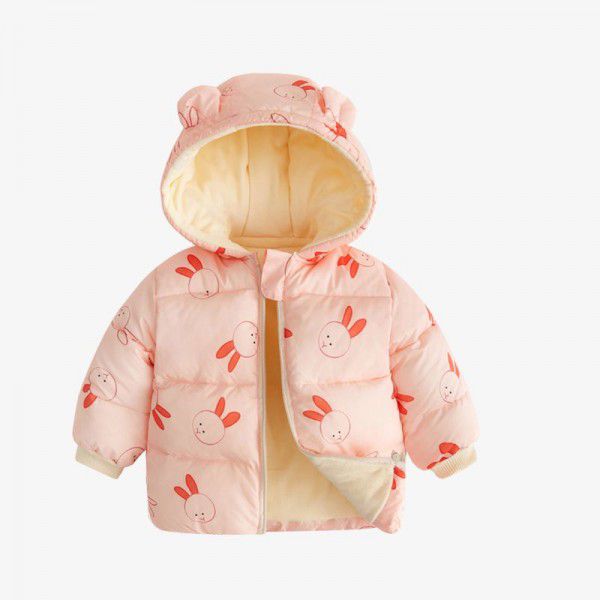 Baby's down cotton jacket, autumn and winter outdoor wear, foreign style plush hooded jacket, cute warm winter coat for boys and girls 