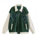 Autumn American fashion lapel jacket loose casual coat green patchwork flocked embroidered baseball jacket 
