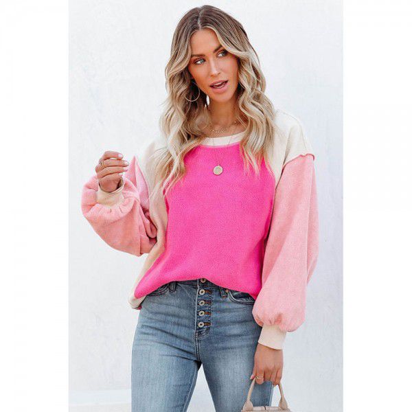 Winter Fashion New Suede Sweater Contrast Long Sleeve Round Neck Pullover