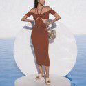 Popular women's clothing in autumn and winter, knitted neck hanging tie, waist exposed long skirt, slim fit knitted dress