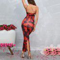 Sexy printed backless slit one step skirt with suspender dress