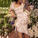 Women's French dress printed summer square neck tea break skirt floral skirt