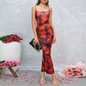 Sexy printed backless slit one step skirt with suspender dress