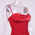 Women's mesh and satin patchwork fishbone and diamond pleated suspender dress for women