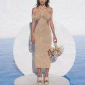 Popular women's clothing in autumn and winter, knitted neck hanging tie, waist exposed long skirt, slim fit knitted dress