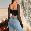Sexy Hollow Top Women's Mesh Perspective Flare Sleeves Long Sleeve Zipper T-shirt Top