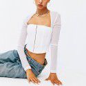 Autumn and Winter Women's Square Neck Mesh Perspective Buckle Short Long sleeved T-shirt Top for Women