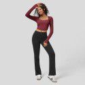 Square necked long sleeved knitted sweater, slim fitting and versatile sexy backless top