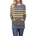 Autumn and Winter Long Sleeve T-shirt Women's Striped Top Bottom Shirt Women's Round Neck Kangaroo Pocket Sweatshirt 