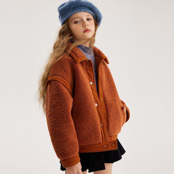 Girls' Lamb Wool Coat Autumn and Winter New Children's Medium and Large Children's Granular Velvet Thickened Sweater