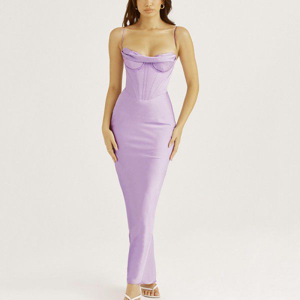 Women's dress sexy pile up collar satin fishbone pleated suspender long skirt