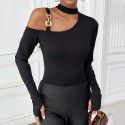 Women's sexy neck hanging off shoulder long sleeved knitted autumn and winter slim fit and slimming bottom top